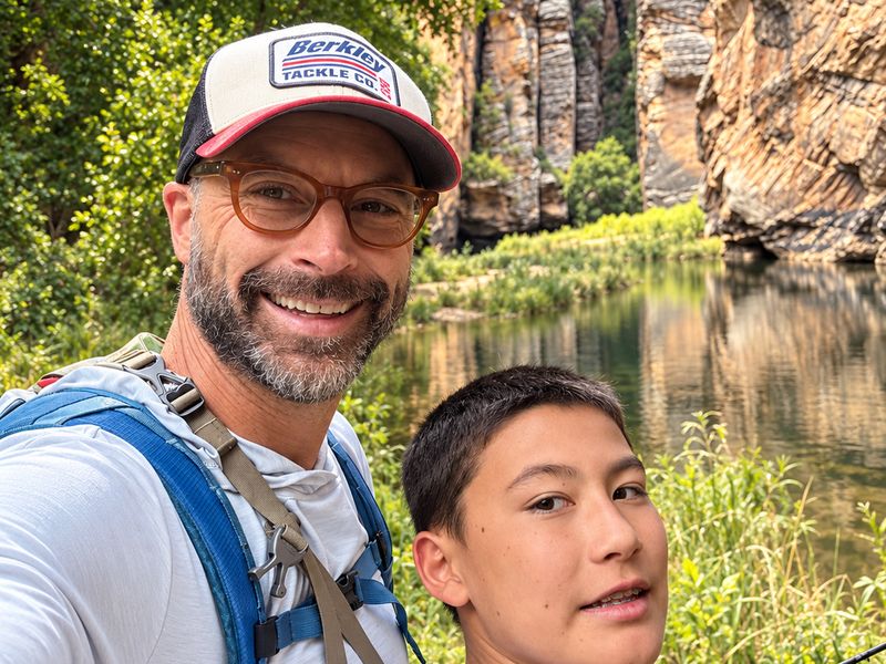 David and one of his sons by a canyon river
