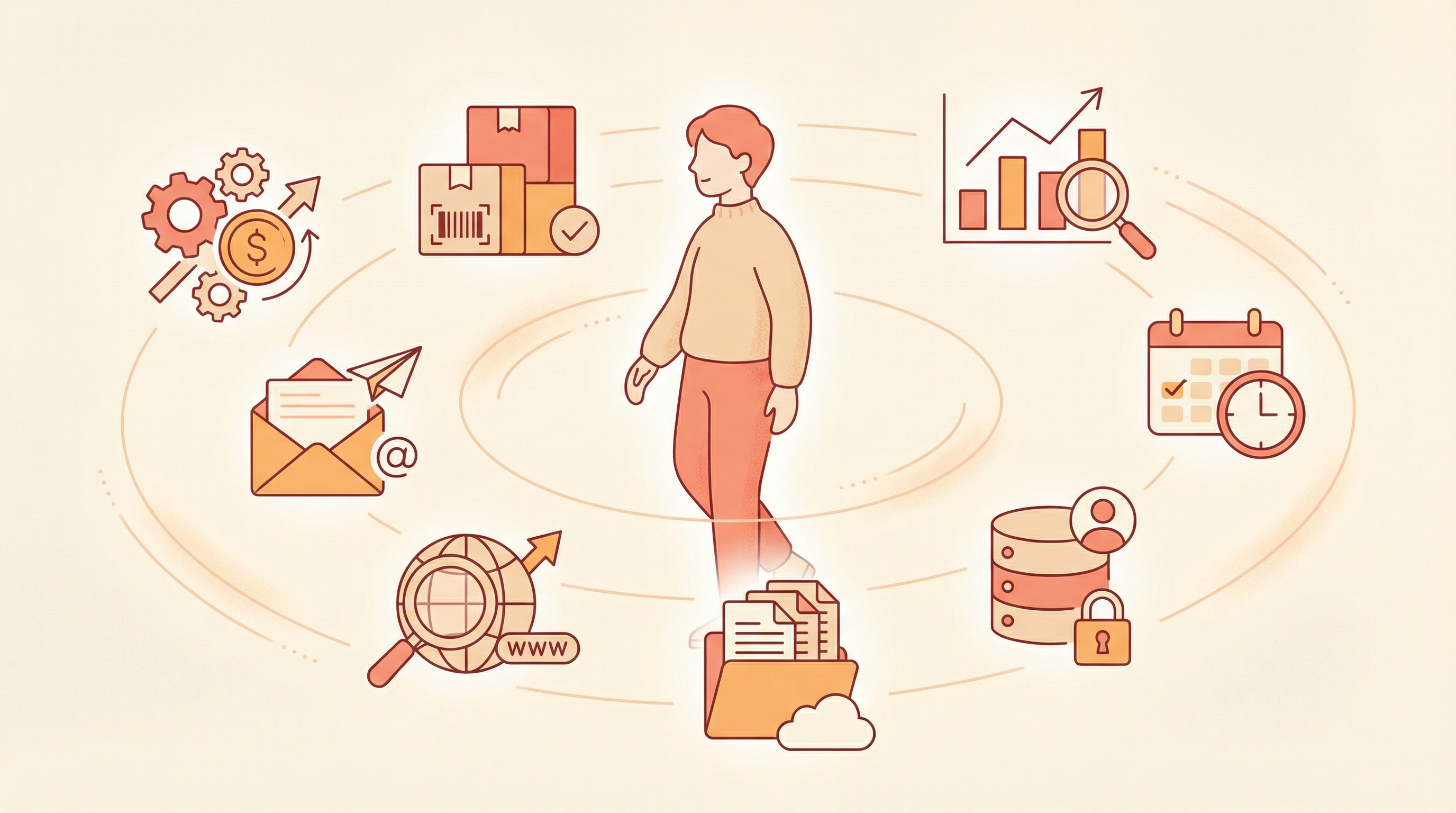 Business owner surrounded by all the areas AI agents can manage